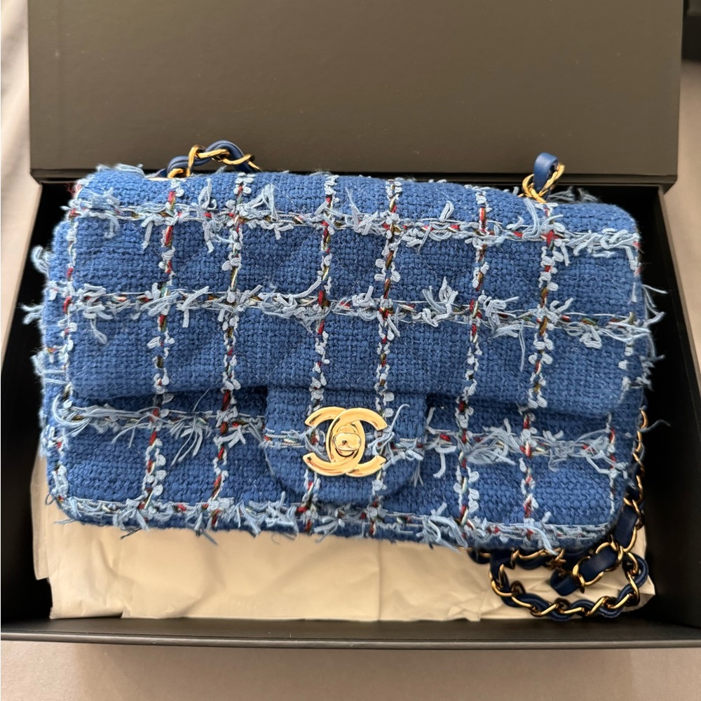 Chanel Blue Tweed Quilted Small Mini Classic Flap Bag